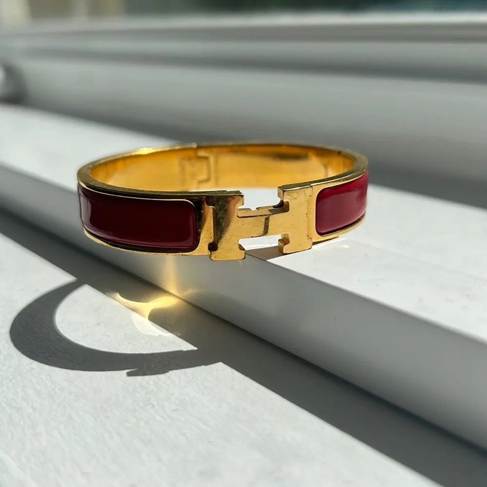 Hermes red enamel & gold H bangle bracelet set with green cord bracelet